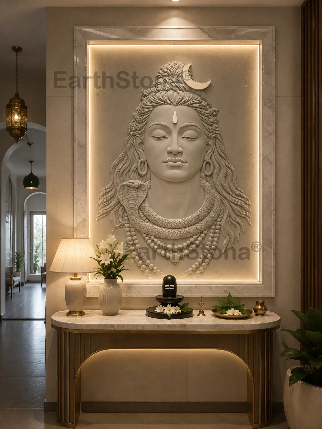 Elegant natural stone Shiva face wall mural with Italian marble frame, backlighting and decorative console by EarthStona